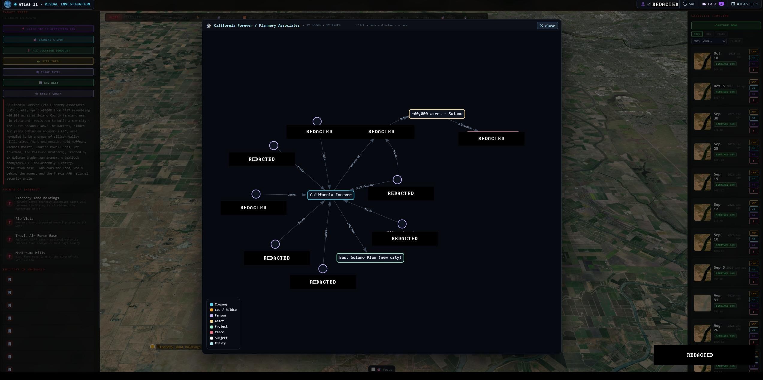 Atlas 11 entity graph: the hidden network behind an anonymous LLC land-assembly, mapped over the land itself