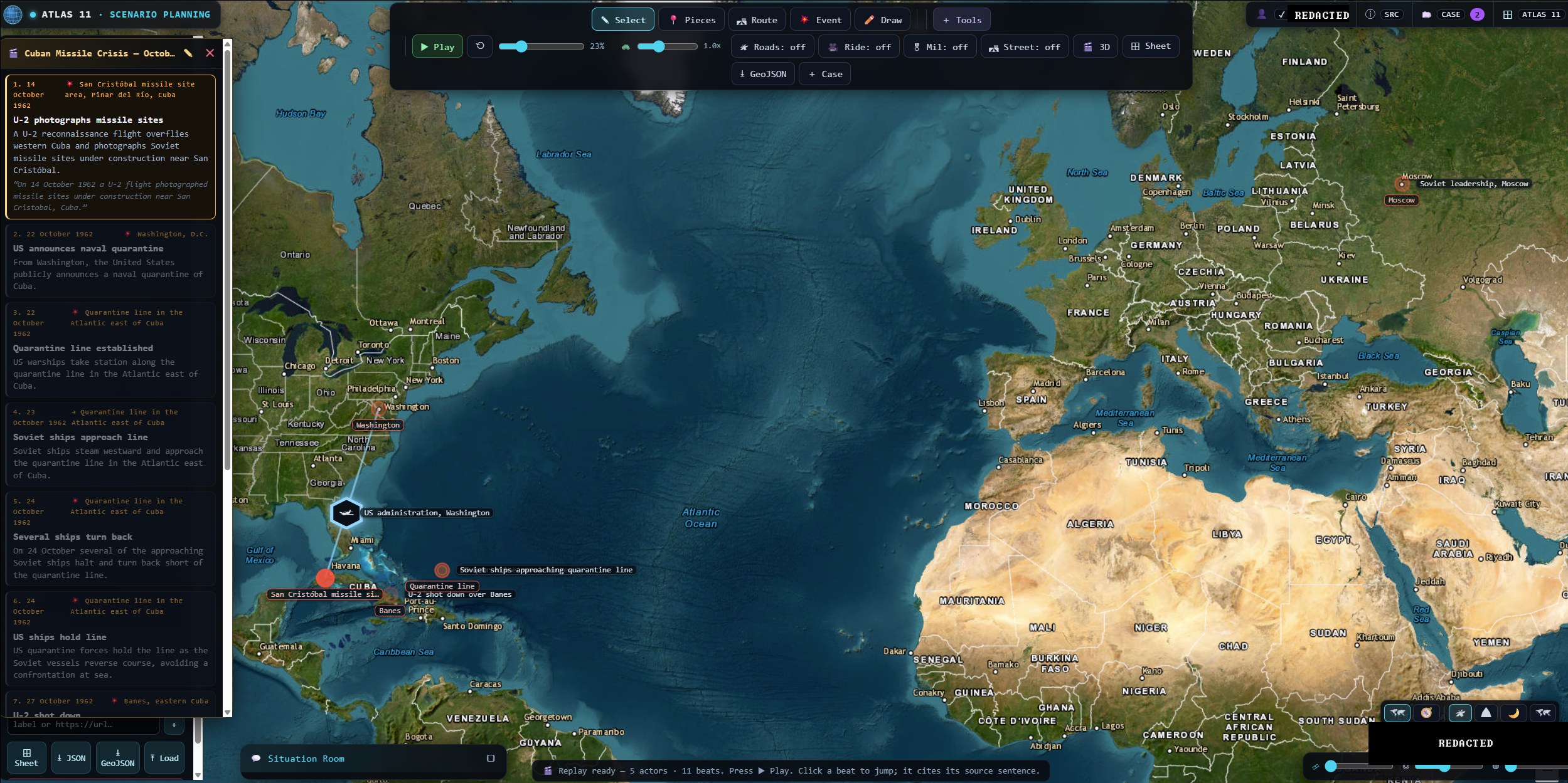 Atlas 11 scenario: the Cuban Missile Crisis replayed beat by beat, each one cited to its source